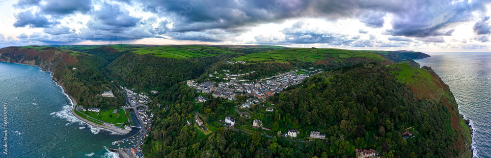 Aerial view of Lynton, a town on the Exmoor coast in the North Devon district in the county of Devon, England