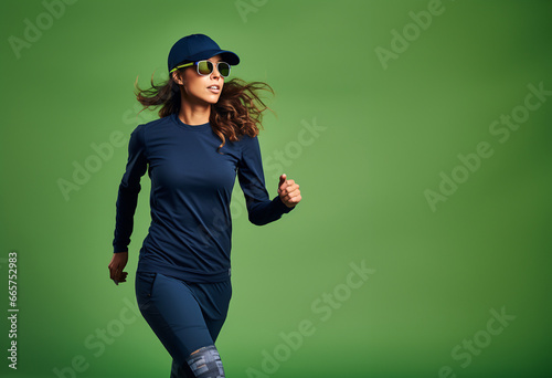 Healthy young woman jogging. Healthy lifestyle and glasses and a baseball cap. Cleam green background. Dark blue clothes. Generative AI photo