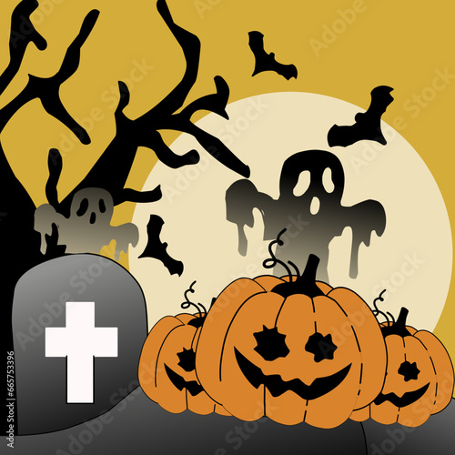 Halloween background design. Happy halloween trick or treat text with cute ghost and pumpkins element for spooky yard party celebration
