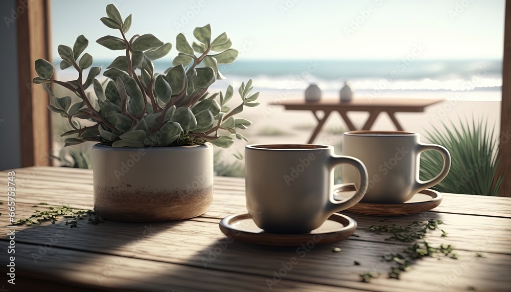 Coffee plant and coffee cups on top table morning