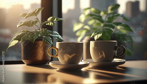 Coffee plant and coffee cups on top table morning