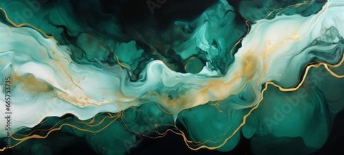 Abstract marble marbled stone ink liquid fluid painted painting texture luxury background banner - Dark green swirls gold painted splashes illustration