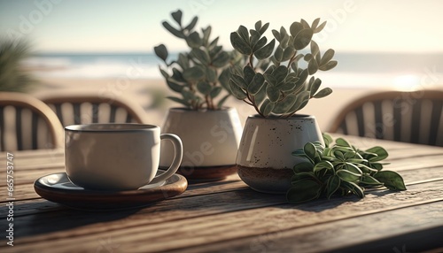 Coffee plant and coffee cups on top table morning