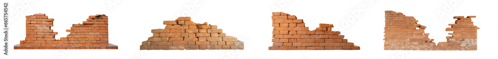 Obraz premium Set of ruined, collapsed, cracked, or broken weathered red brick walls, isolated on a transparent background. PNG, cutout, or clipping path.