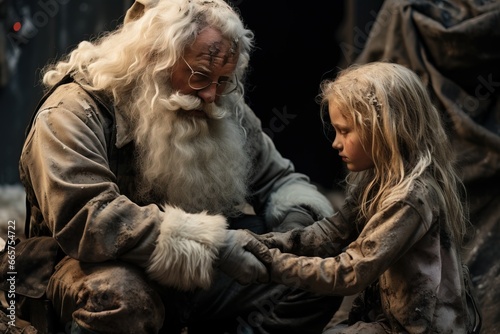 Santa Claus at War Helping Children Child Poor Little Girl at Refugee Camp Merry Christmas depicting Love Warmth Peace International Humanitarian Aid Soldiers Army Fighting a Battle Peace no War photo