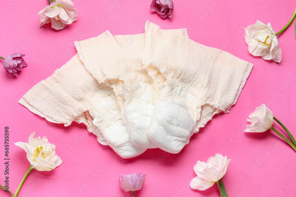 Period panties with flowers on pink background Period panties with flowers on pink background