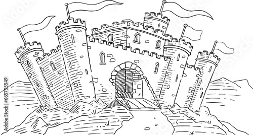 Castle Doodle Lineart Black And White Ink And Pen Hand Drawn Vector Illustration