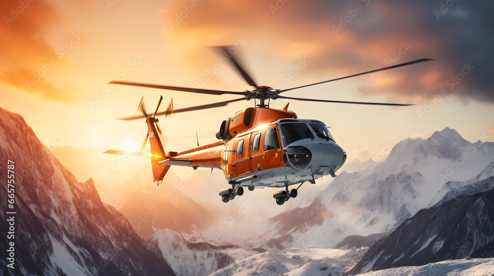 Rescue helicopter flies over snowy mountains, with setting sun at background - obrazy, fototapety, plakaty 