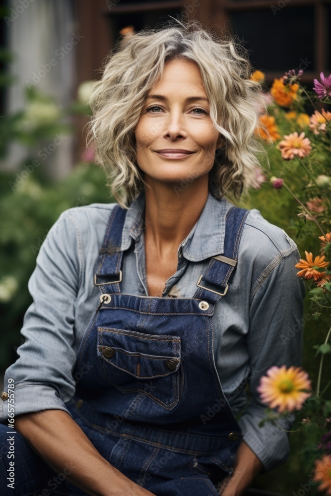 Obraz premium A woman sitting in front of a bunch of flowers. Portrait of middle-aged gardener.