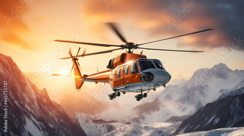 Rescue helicopter flies over snowy mountains, with setting sun at background photo