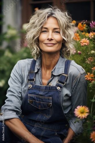 A woman sitting in front of a bunch of flowers. Portrait of middle-aged gardener.