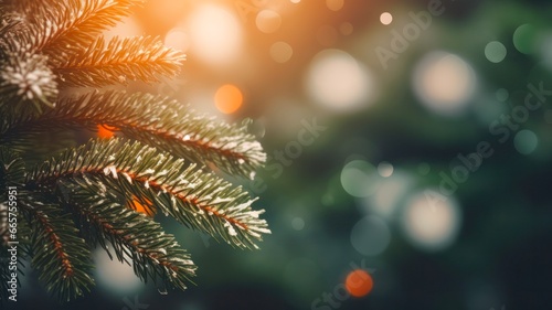 Close-up of a festive Christmas tree branch with bright AI-generated lights and decorations in the blurry background for a merry holiday season