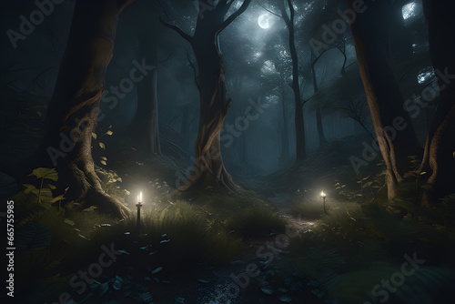 the magical essence of a secretive forest under the pale moonlight. Generative AI