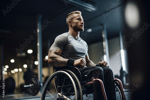 Disabled man in wheelchair in a cross training center