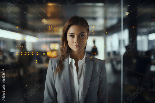 Businesswoman facing a Artificial intelligence screen in the office