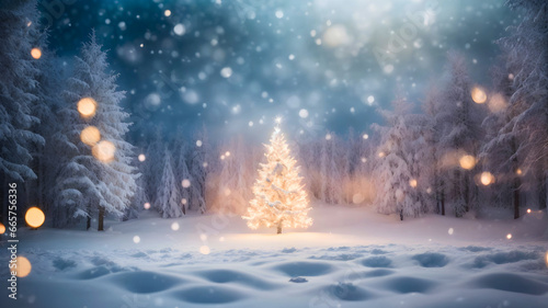 Snowy winter forest with Illuminated Christmas tree and lights bokeh effect. Xmas and New Year concept. Illustration with copy space for design, template, backdrop, wallpaper