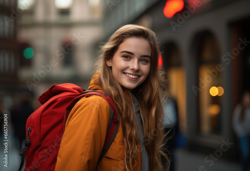 A stylish woman radiates confidence as she smiles at the camera, her vibrant red jacket standing out against the city street backdrop