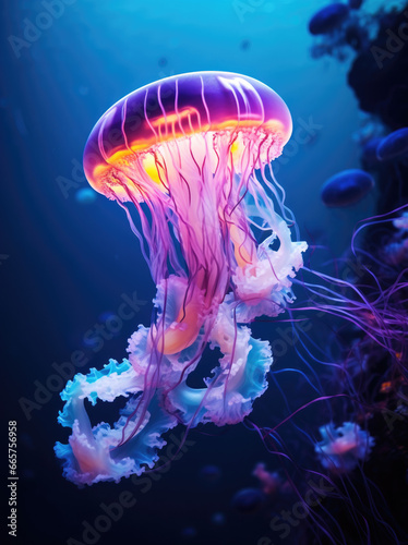 A Mesmerizing Display of Colorful Jellyfish Gliding Through the Depths of the Open Sea © Infinite Shoreline