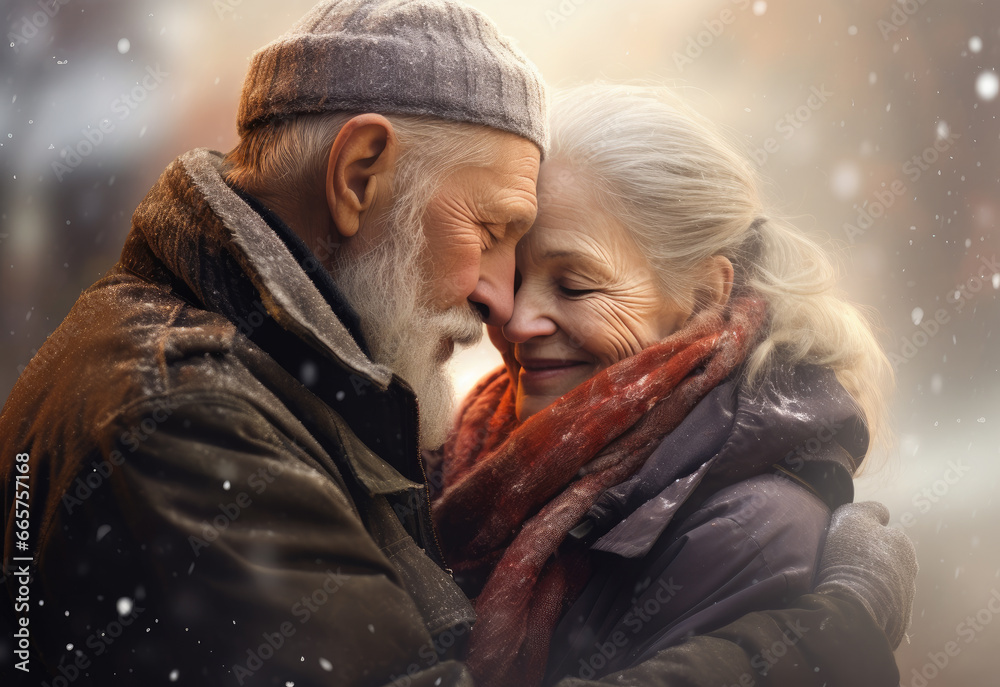 In the midst of a snowy winter, a person embraces a woman, their faces