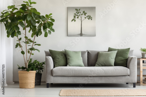 A cozy living room oasis featuring a stylish couch adorned with plush pillows, accompanied by a vibrant houseplant in a decorative vase against a sleek wall design
