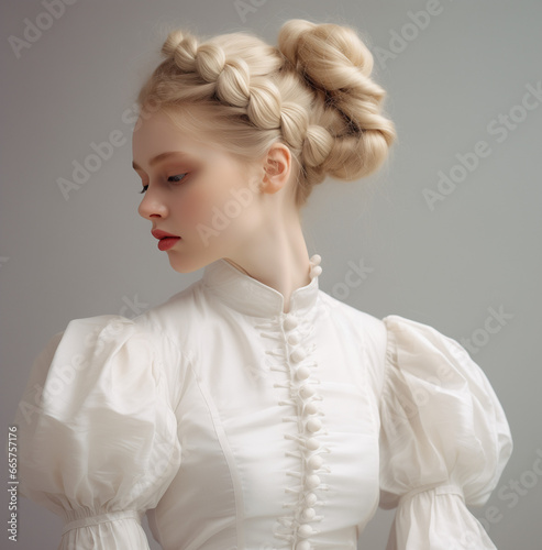 a blond model in a braided bun updo