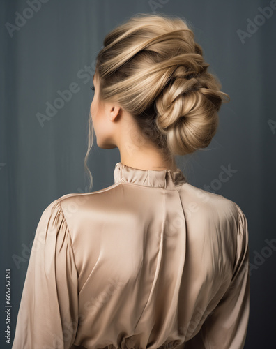 a blond model in a gorgeous braided ballerina bun updo