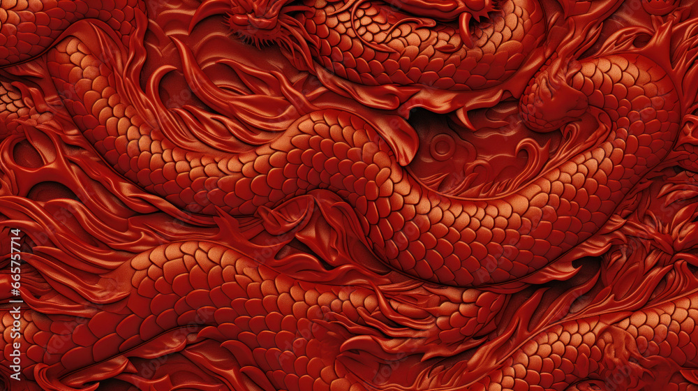 Chinese Dragon Scales Texture Chinese New Year 2024 Year Of The Dragon, Red and Gold Symmetry Pattern. Chinese Dragon Background. Generative AI - obrazy, fototapety, plakaty 