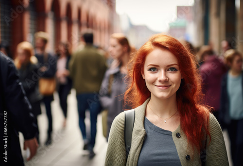 Portrait of a woman with red hair standing on the street