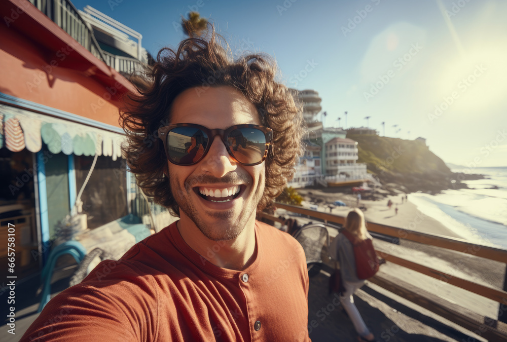 A joyful man captures a sun-kissed memory with a beaming smile while wearing stylish sunglasses and vacationing on the beach with a woman, the clear blue sky and vibrant goggles reflecting their care