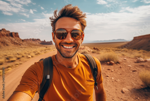 A happy hiker gazes out at the rugged desert landscape, his sunglasses shielding his eyes from the bright sun and his smile reflecting the beauty of the aeolian badlands © familymedia