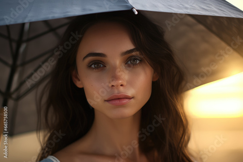 A fashion-forward lady exudes confidence and grace as she poses for a photo shoot, her long brown hair cascading down her face while she holds a black umbrella as a chic accessory in the outdoor sett