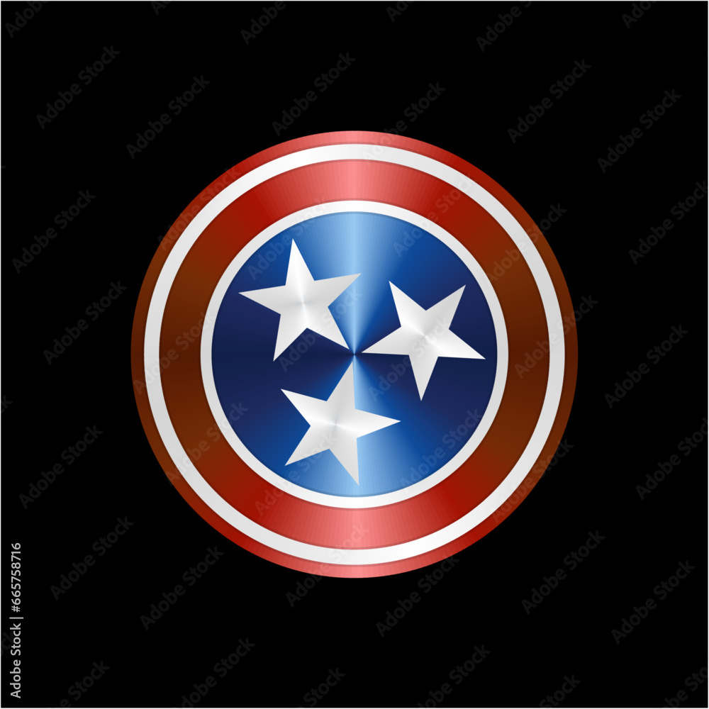 Three Star Icon Tennessee Symbol Nation Circle in Red and Blue Vector 3D Three Star Icon Tennessee Symbol Nation Circle in Red and Blue Vector 3D
