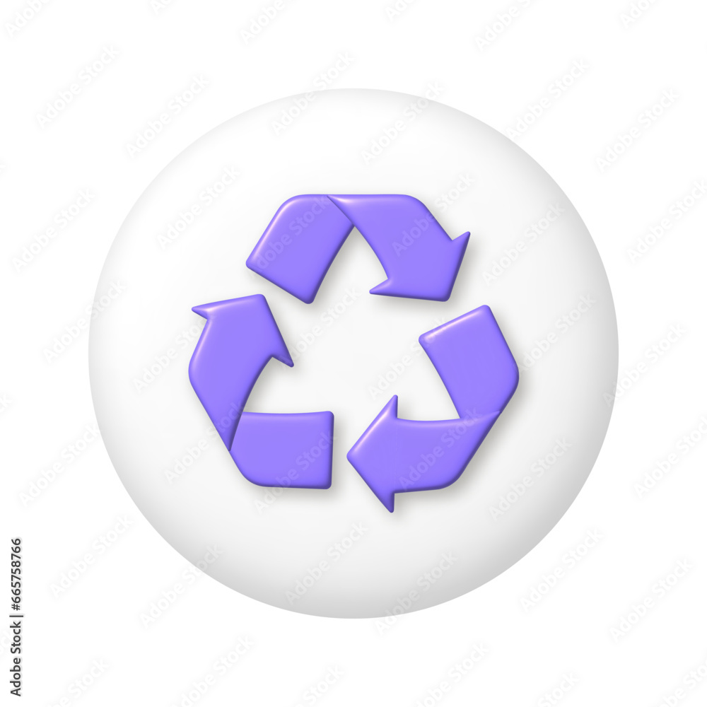 Purple arrow recycle icon on white round button. 3D vector illustration. Purple arrow recycle icon on white round button. 3D vector illustration.