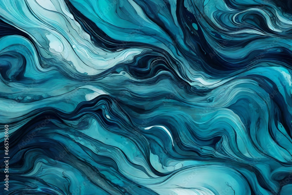  Layers of emerald and sapphire paint blending into an intricate, liquid tapestry in dark and deep blue color 