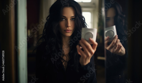 A woman gazes intently at her reflection in the mirror, holding a treasured keepsake in her hand as she contemplates her identity and the world beyond the glass