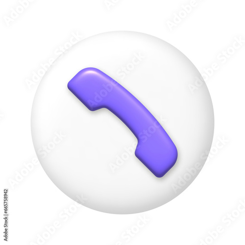 Purple telephone handset icon on white round button. 3D vector illustration.