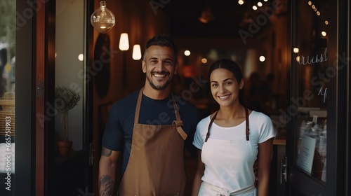 Couple business owners smiling and looking at camera while standing at entrance