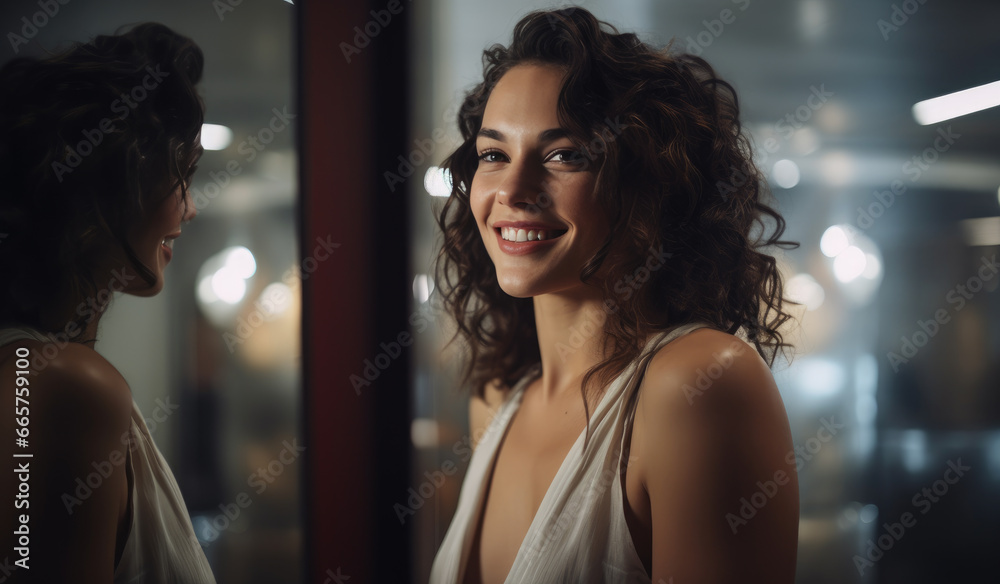 A stylish lady exudes confidence as she stands against a dark wall, her long hair cascading over her shoulder and a radiant smile gracing her beautiful face