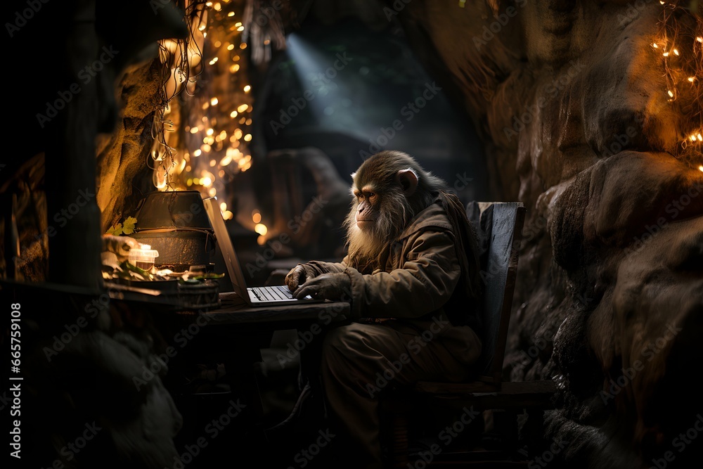 Fototapeta premium A chimpanzee is using his laptop while sitting