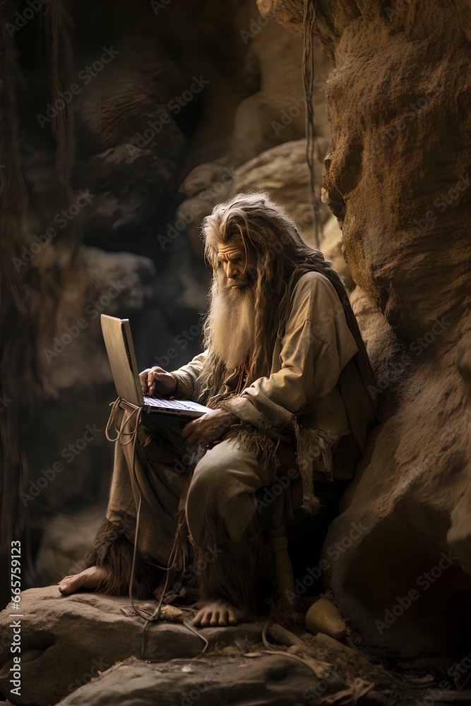 Old man using his laptop in a dark room, in the style of magical creatures