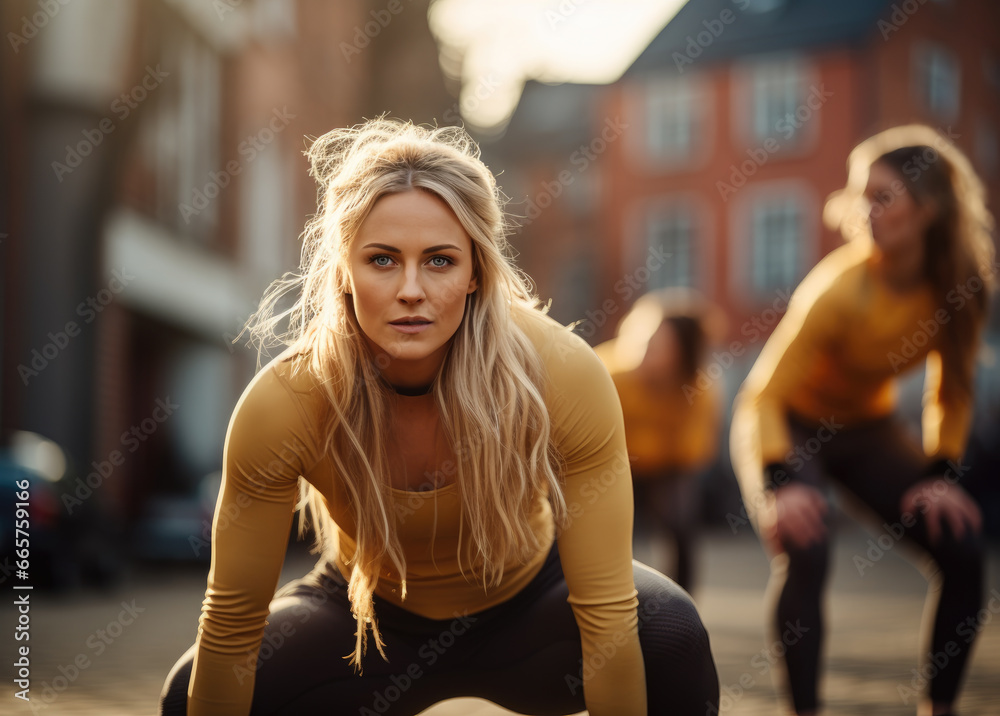 A stylish blonde model confidently squats on a bustling street, showcasing her long hair and fashion-forward yellow shirt, as she exudes confidence and poise