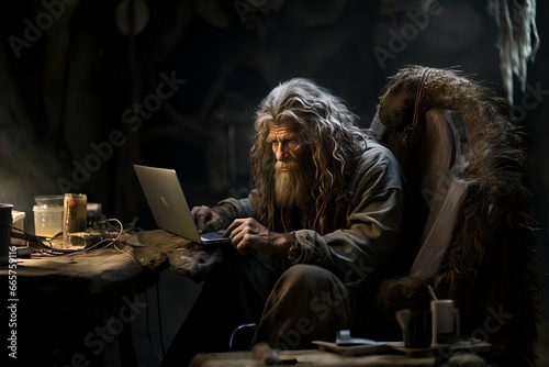 A man has a long beard and seated with a laptop photo