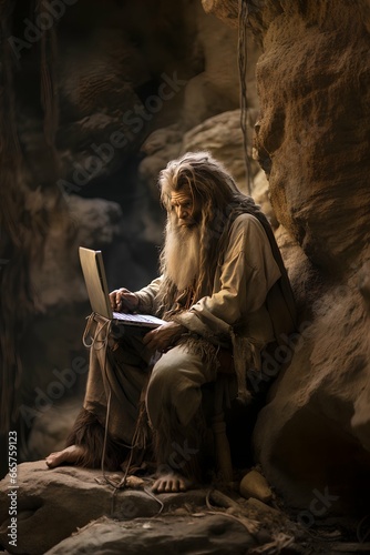 Old man using his laptop in a dark room, in the style of magical creatures