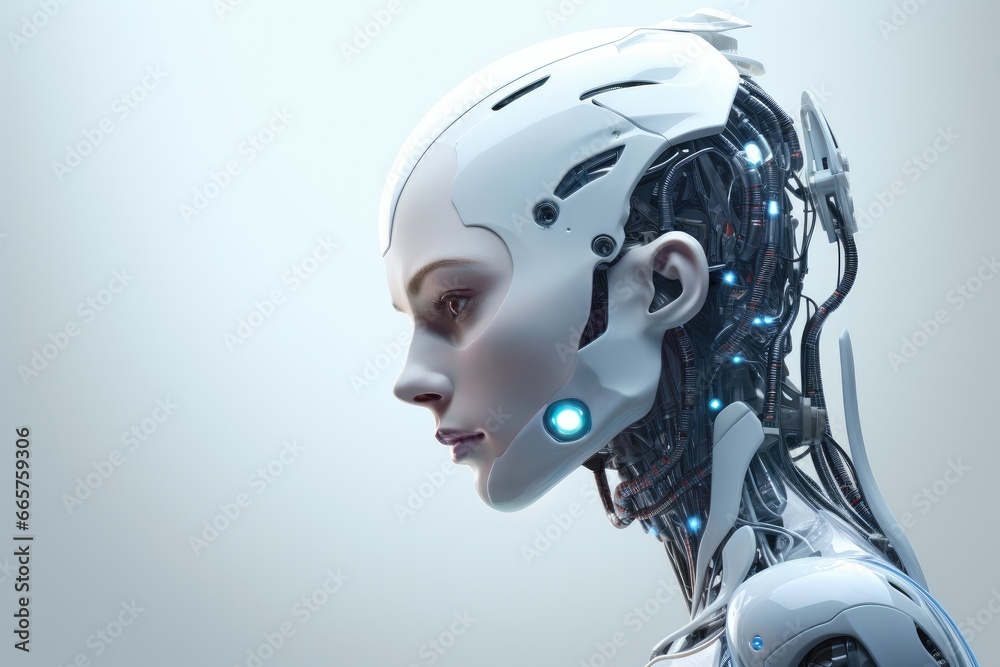 Portrait of an ai robot with white background. Futuristic technology.