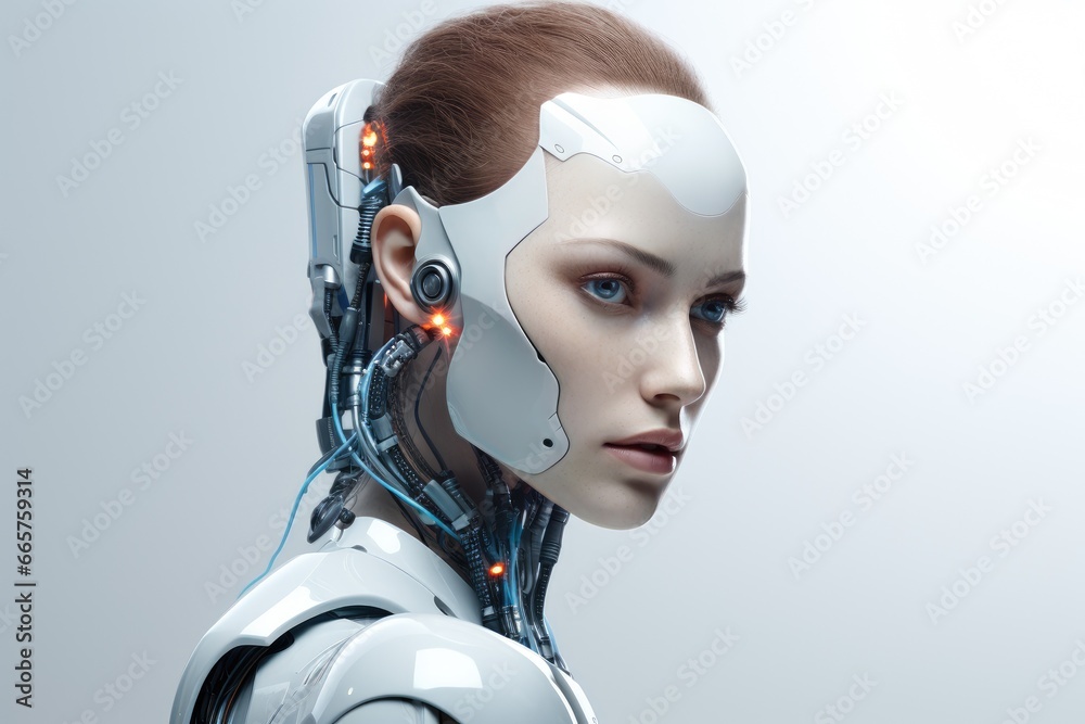 Portrait of an ai cyborg with white background. Futuristic robotic technology. Portrait of an ai cyborg with white background. Futuristic robotic technology.