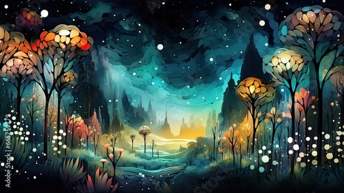 Abstract picture of a enchanted forest at moonlight. Beautiful colorful artwork.