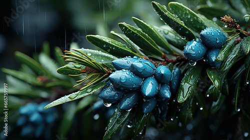 Rain drops on the blue berries of a juniper. Close-up.