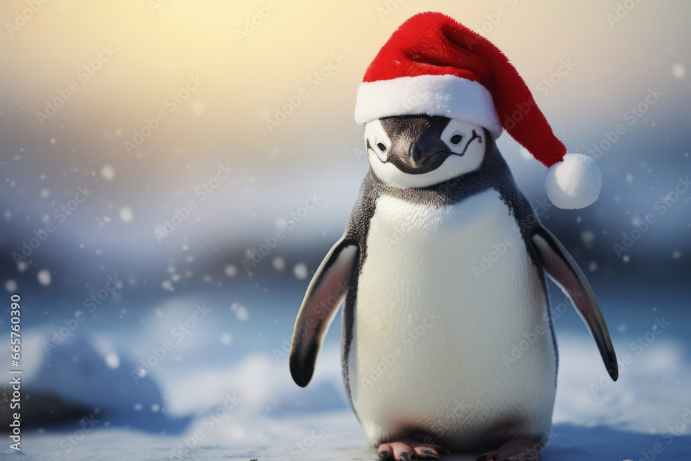 Cute little festive penguin wearing a Father Christmas santa hat Cute little festive penguin wearing a Father Christmas santa hat