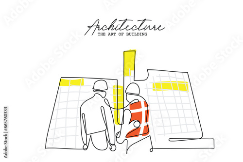 line art of architects. Building architecture business concept. Architect briefing investors businessmen and foreman. One line vector art. Isolated Architect design.Empowered woman. Engineer line art.