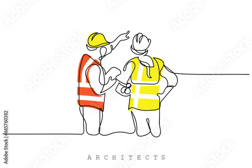 line art of architects. Building architecture business concept. Architect briefing investors businessmen and foreman. One line vector art. Isolated Architect design.Empowered woman. Engineer line art.